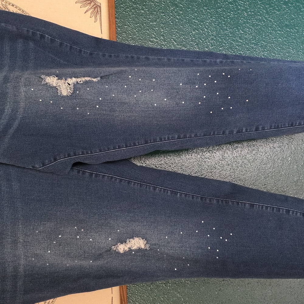 Distressed Dark Blue Stretch Skinny Jeans - Picture 2 of 5